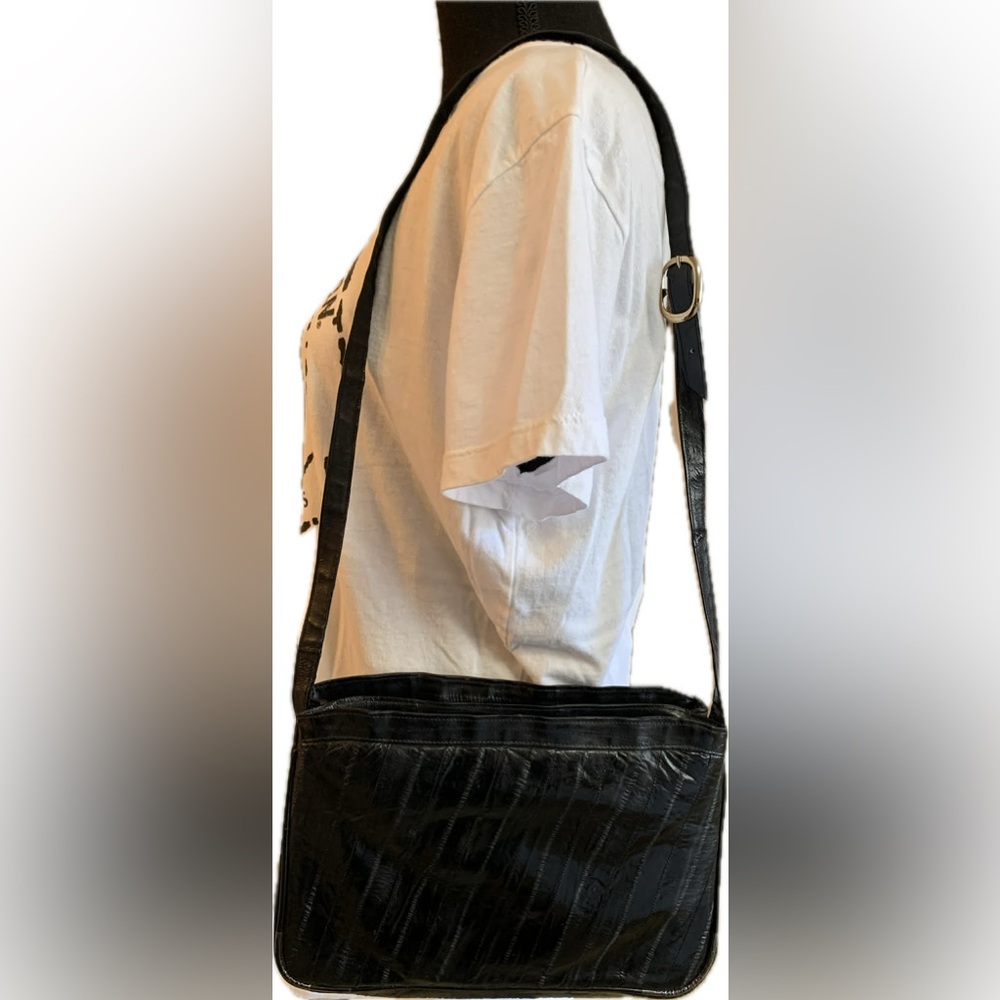 Vintage 80s Eel Skin Black Shoulder Bag - Picture 2 of 9